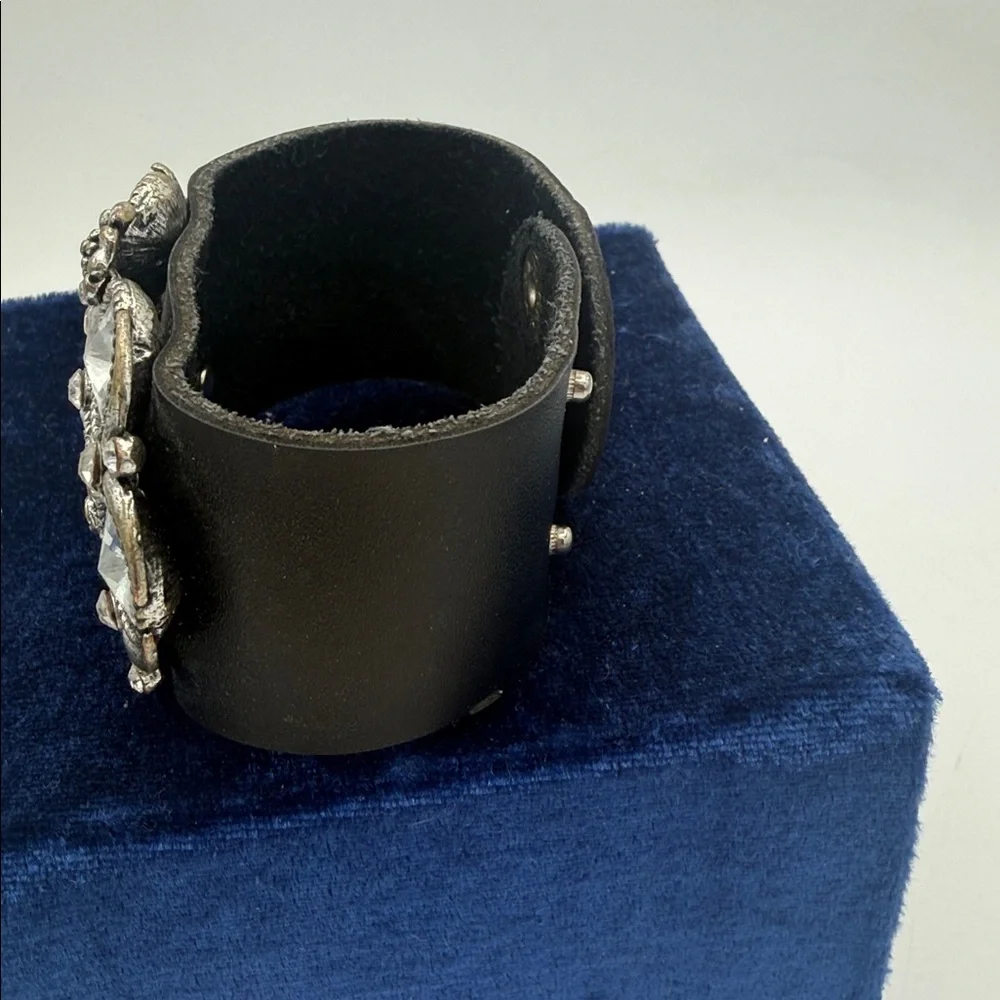 black faux leather statement cuff bracelet w/ centerpiece encrusted w/ crystals